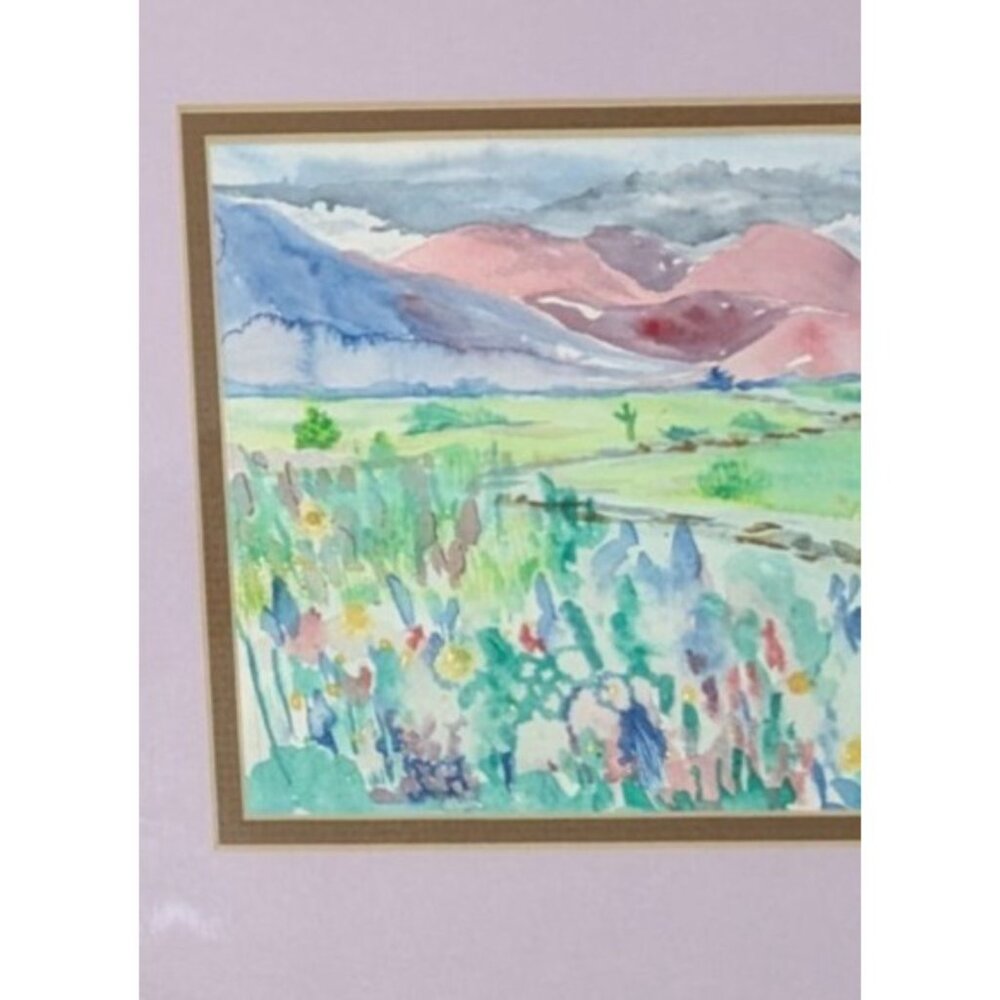 Framed Watercolor Landscape Painting Lavender Mat Rose-Gold Frame signed - Picture 8 of 15